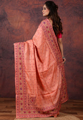 Peach Pure Tussar Kantha Silk Saree With Blouse Piece