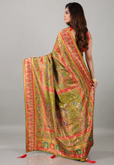 Olive Green Kani Silk Saree With Blouse Piece - Adi Akshoy & Co.
