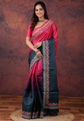 Rani Pink Pure Tussar Kantha Silk Saree With Blouse Piece - Adi Akshoy & Co.