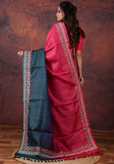 Rani Pink Pure Tussar Kantha Silk Saree With Blouse Piece - Adi Akshoy & Co.