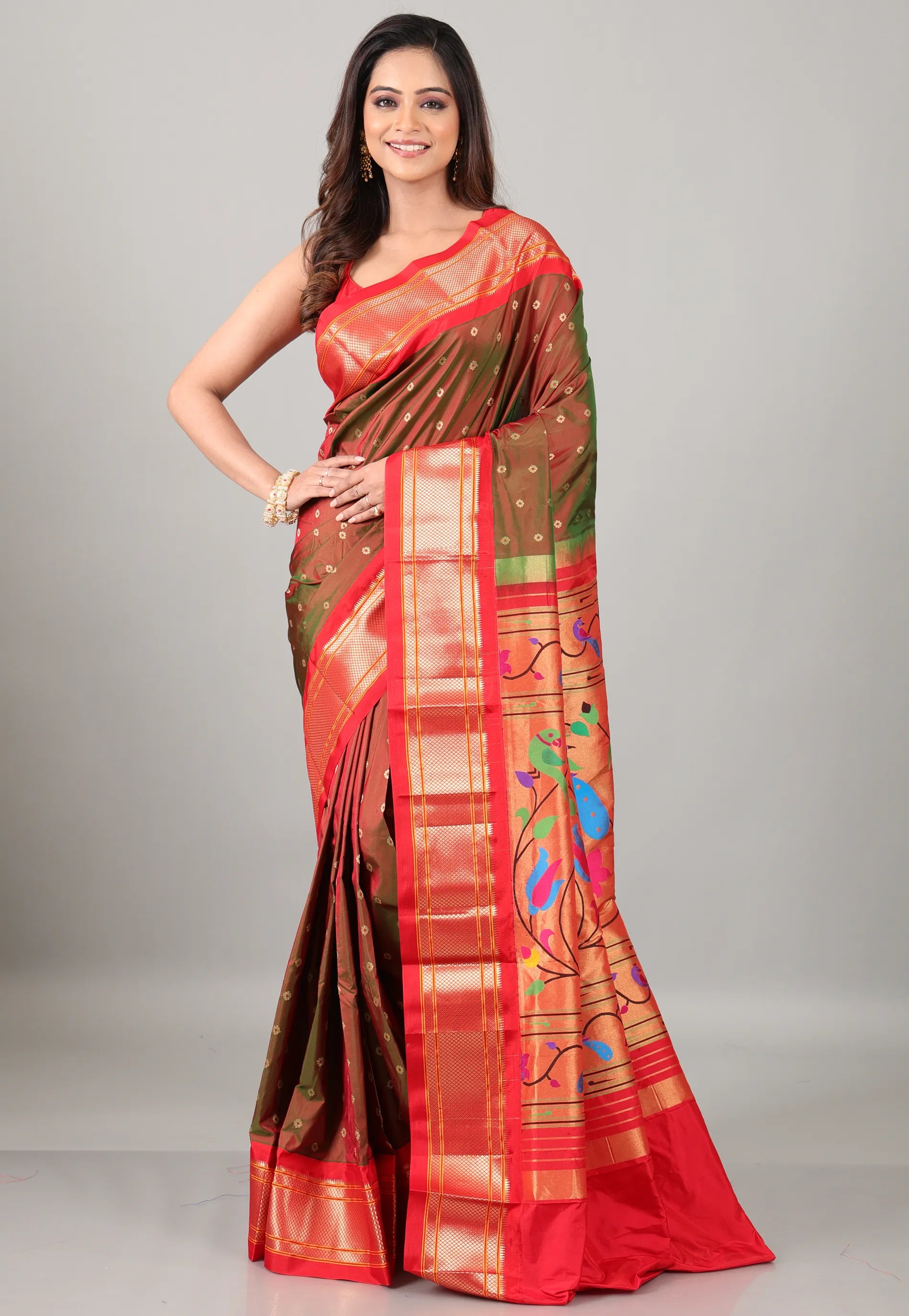 Cross Brown Pure Paithani Silk Saree With Blouse Piece - Adi Akshoy & Co.