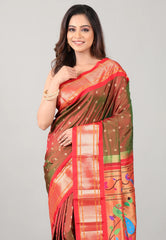 Cross Brown Pure Paithani Silk Saree With Blouse Piece - Adi Akshoy & Co.