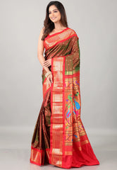 Cross Brown Pure Paithani Silk Saree With Blouse Piece - Adi Akshoy & Co.