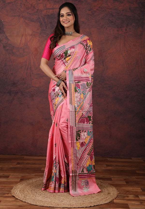 Pink Kantha Silk Saree with Blouse Piece - Adi Akshoy & Co.