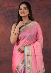 Pink Sico Handloom Saree With Blouse Piece - Adi Akshoy & Co.