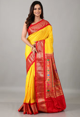 Yellow Pure Paithani Silk Saree With Blouse Piece - Adi Akshoy & Co.