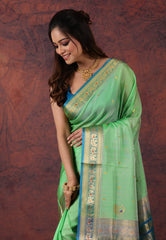 Green Sico Handloom Saree With Blouse Piece - Adi Akshoy & Co.