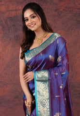 Cross Blue Sico Handloom Saree With Blouse Piece - Adi Akshoy & Co.