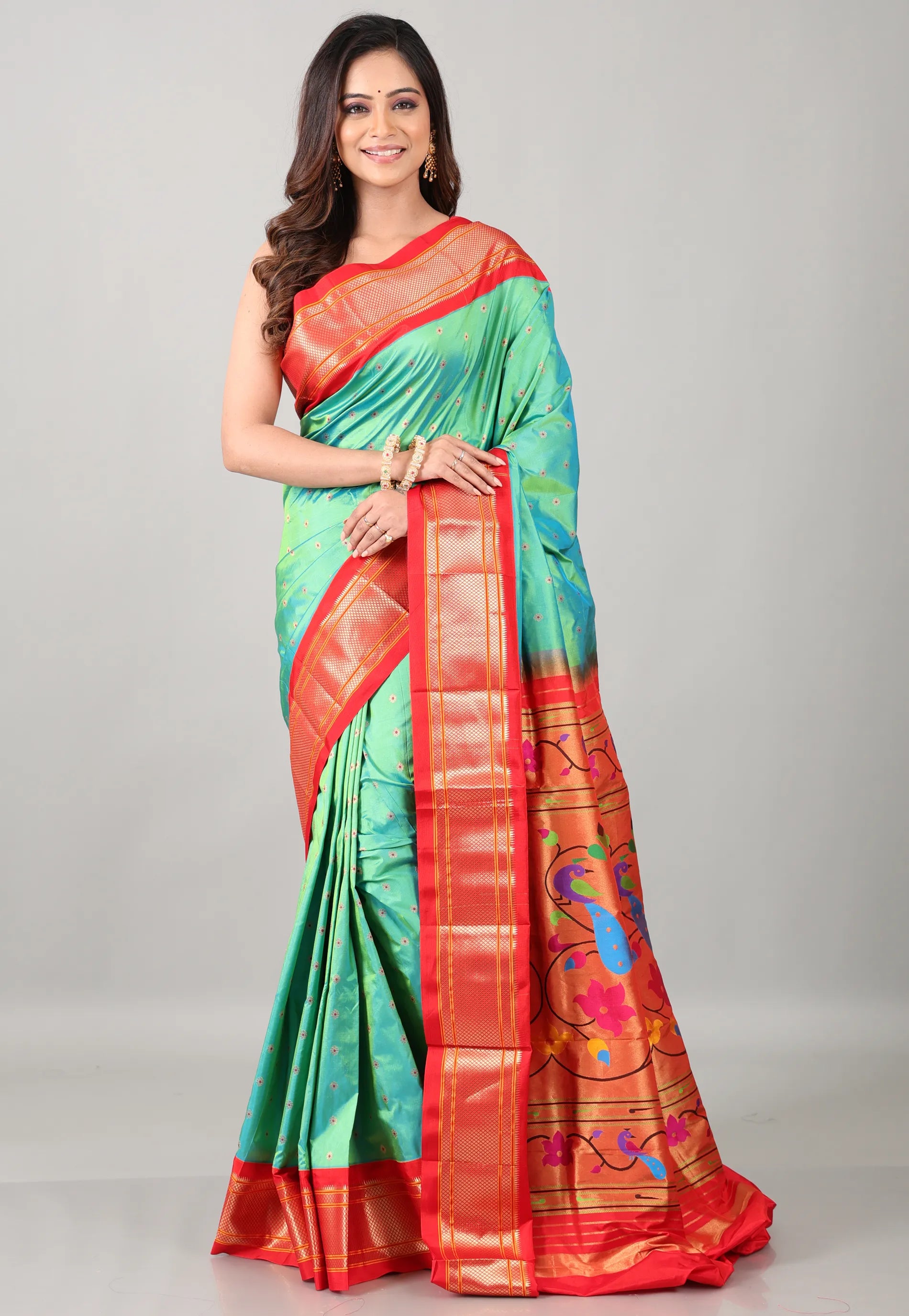Cross Green Pure Paithani Silk Saree With Blouse Piece - Adi Akshoy & Co.