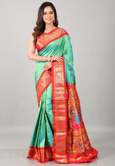Cross Green Pure Paithani Silk Saree With Blouse Piece - Adi Akshoy & Co.