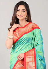 Cross Green Pure Paithani Silk Saree With Blouse Piece - Adi Akshoy & Co.