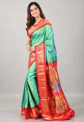 Cross Green Pure Paithani Silk Saree With Blouse Piece - Adi Akshoy & Co.