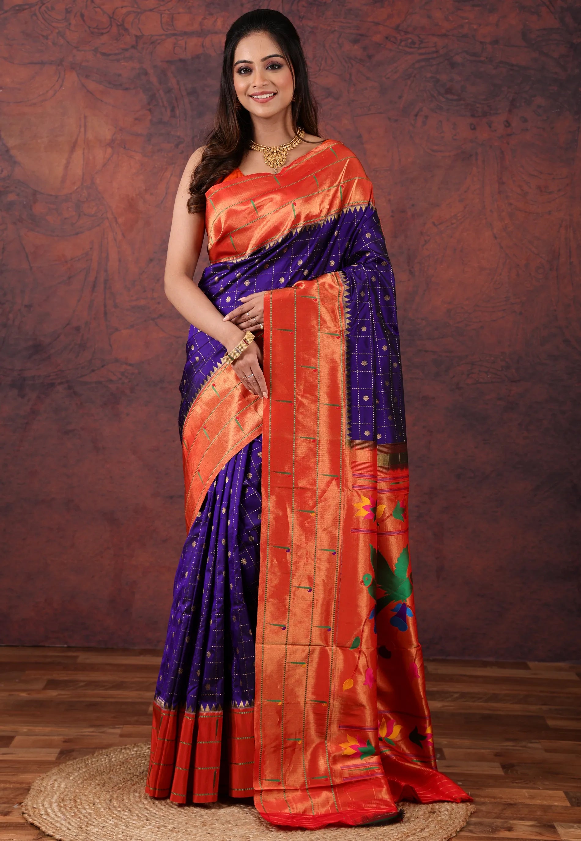 Navy Blue Green Pure Paithani Silk Saree With Blouse Piece - Adi Akshoy & Co.