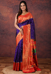 Navy Blue Green Pure Paithani Silk Saree With Blouse Piece - Adi Akshoy & Co.