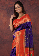 Navy Blue Green Pure Paithani Silk Saree With Blouse Piece - Adi Akshoy & Co.