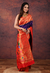 Navy Blue Green Pure Paithani Silk Saree With Blouse Piece - Adi Akshoy & Co.