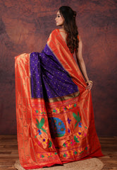 Navy Blue Green Pure Paithani Silk Saree With Blouse Piece - Adi Akshoy & Co.