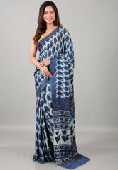 Blue Pure Modal Work Silk Saree With Blouse Piece - Adi Akshoy & Co.