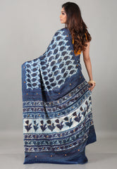 Blue Pure Modal Work Silk Saree With Blouse Piece - Adi Akshoy & Co.