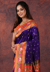 Navy Blue Green Pure Paithani Silk Saree With Blouse Piece - Adi Akshoy & Co.