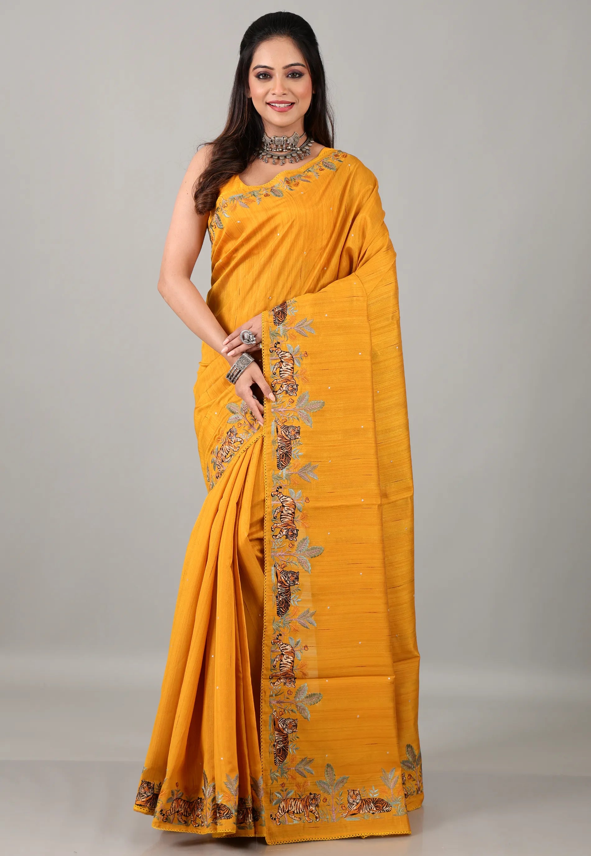 Yellow Kantha Silk Saree with Blouse Piece - Adi Akshoy & Co.