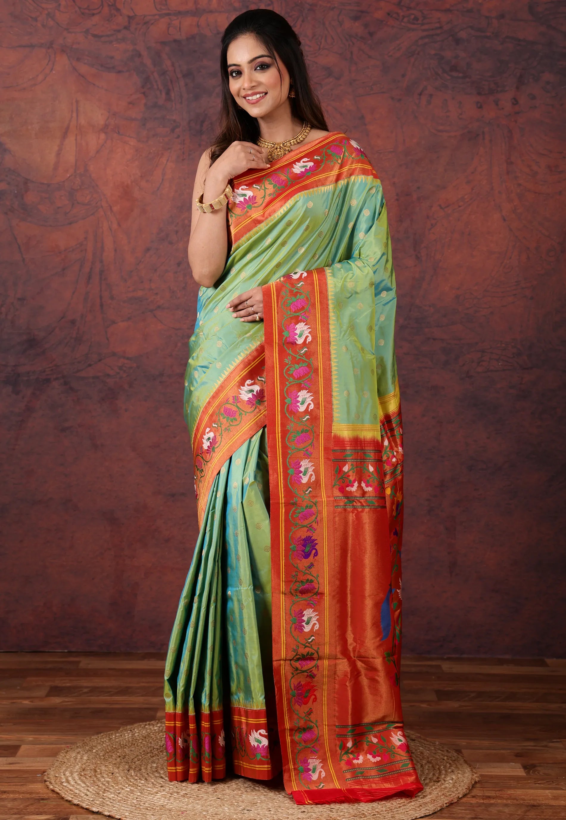 Cross Green Green Pure Paithani Silk Saree With Blouse Piece - Adi Akshoy & Co.