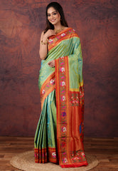 Cross Green Green Pure Paithani Silk Saree With Blouse Piece - Adi Akshoy & Co.