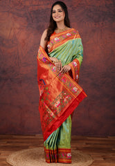 Cross Green Green Pure Paithani Silk Saree With Blouse Piece - Adi Akshoy & Co.