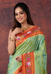 Cross Green Green Pure Paithani Silk Saree With Blouse Piece - Adi Akshoy & Co.