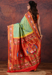Cross Green Green Pure Paithani Silk Saree With Blouse Piece - Adi Akshoy & Co.