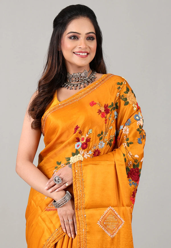 Mustard Yellow Kantha Silk Saree with Blouse Piece - Adi Akshoy & Co.