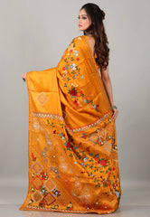 Mustard Yellow Kantha Silk Saree with Blouse Piece - Adi Akshoy & Co.