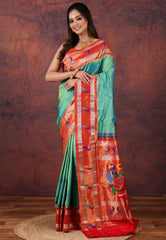 Cross Green Pure Paithani Silk Saree With Blouse Piece