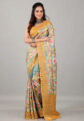 Aqua Grey Pure Tussar Kantha Silk Saree With Blouse Piece - Adi Akshoy & Co.