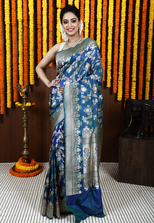 Peacock Blue Kadwa Pure Silk Banarasi Saree with Blouse Piece