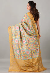 Aqua Grey Pure Tussar Kantha Silk Saree With Blouse Piece - Adi Akshoy & Co.