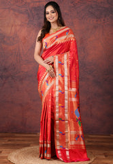 Red Pure Paithani Silk Saree With Blouse Piece - Adi Akshoy & Co.