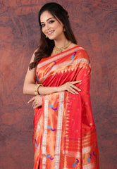 Red Pure Paithani Silk Saree With Blouse Piece - Adi Akshoy & Co.