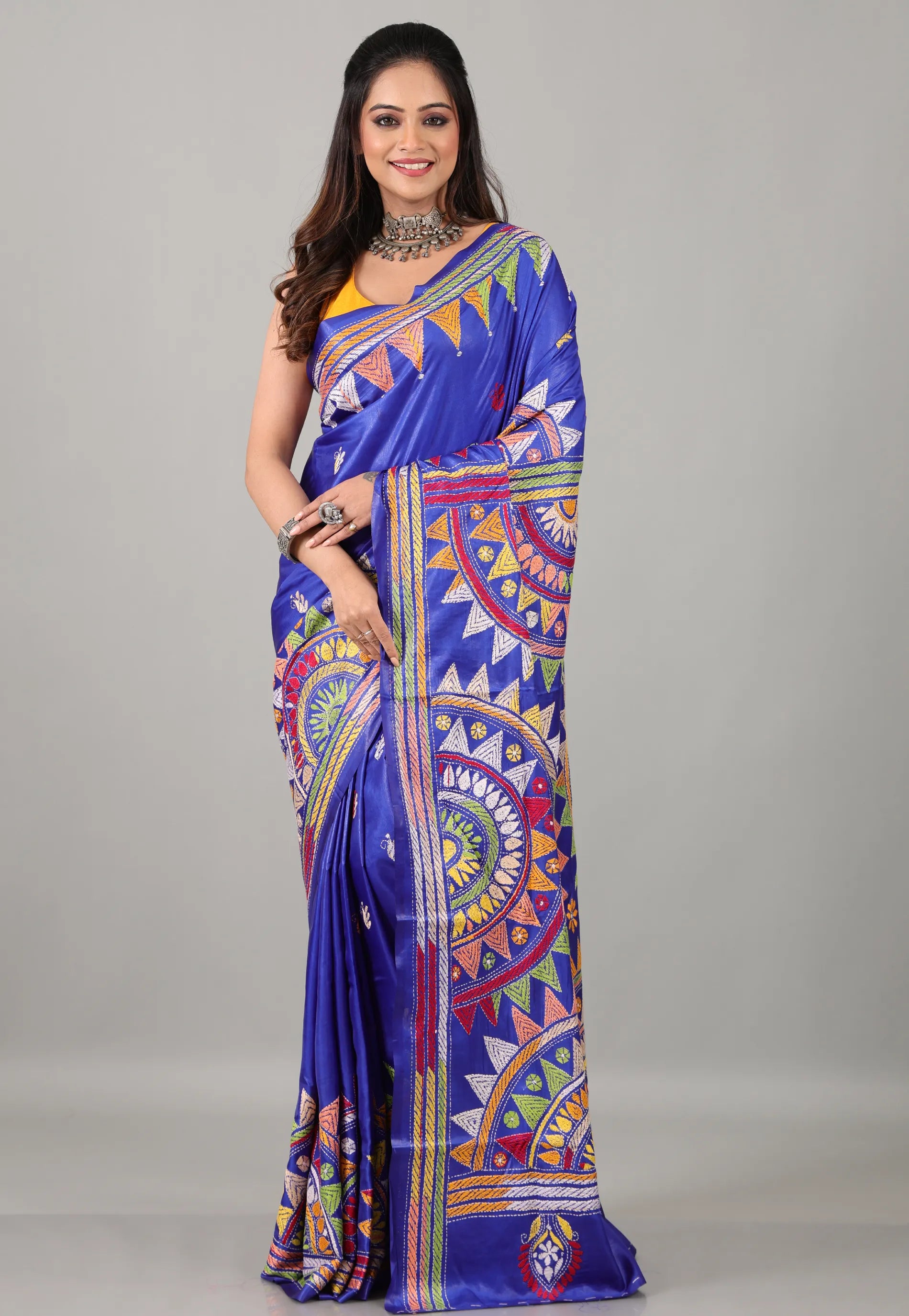 Blue Kantha Silk Saree with Blouse Piece - Adi Akshoy & Co.