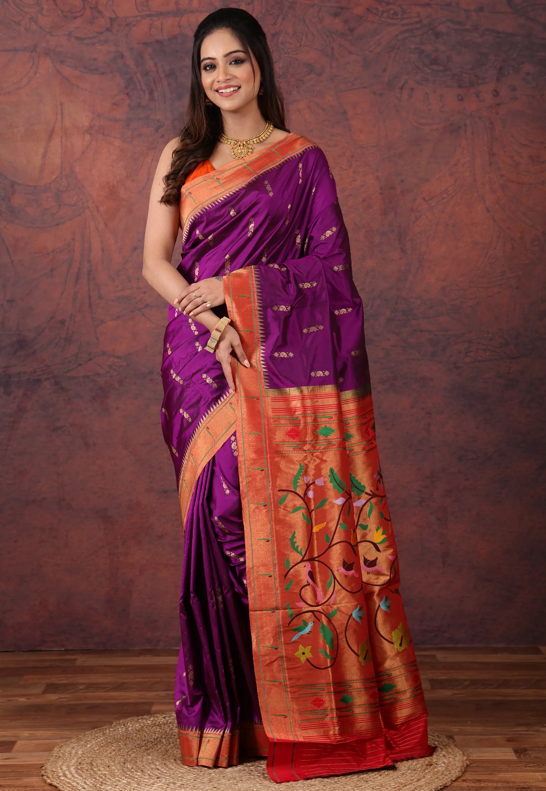 Magenta Green Pure Paithani Silk Saree With Blouse Piece - Adi Akshoy & Co.