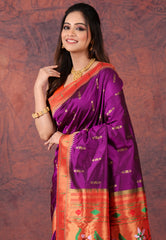 Magenta Green Pure Paithani Silk Saree With Blouse Piece - Adi Akshoy & Co.