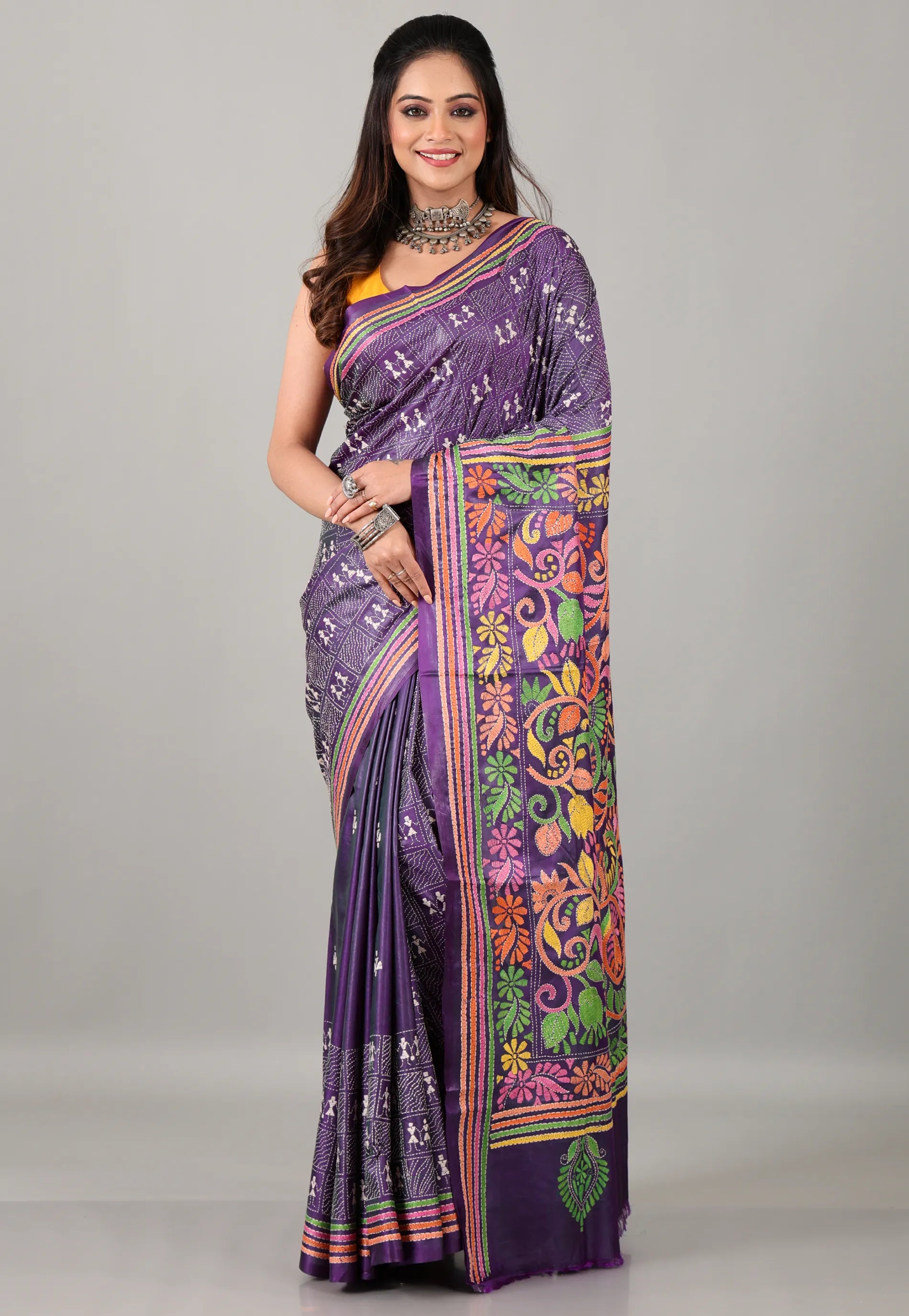 Purple Kantha Silk Saree with Blouse Piece - Adi Akshoy & Co.