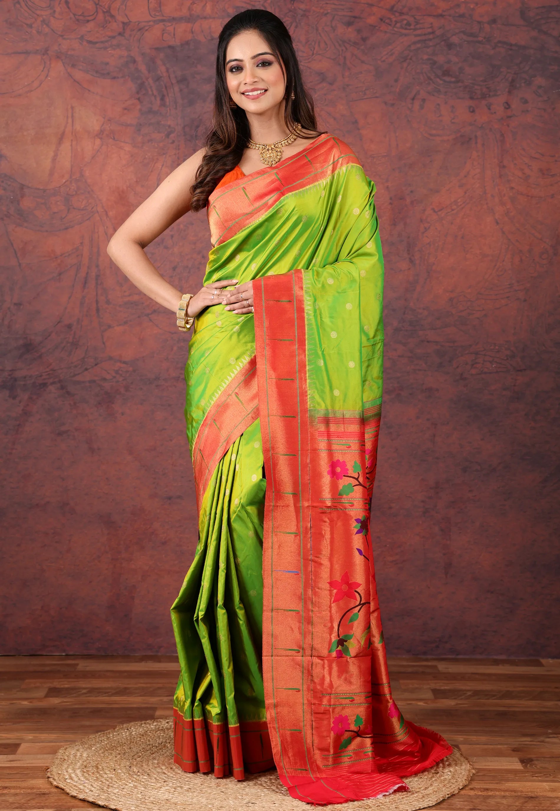 Parrot Green Pure Paithani Silk Saree With Blouse Piece - Adi Akshoy & Co.