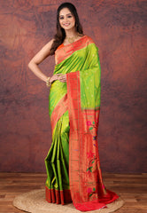 Parrot Green Pure Paithani Silk Saree With Blouse Piece - Adi Akshoy & Co.