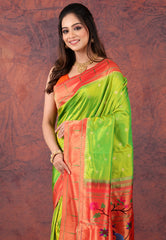 Parrot Green Pure Paithani Silk Saree With Blouse Piece - Adi Akshoy & Co.