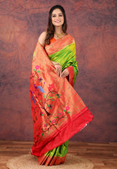 Parrot Green Pure Paithani Silk Saree With Blouse Piece - Adi Akshoy & Co.
