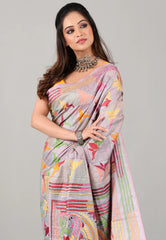 Grey Kantha Silk Saree with Blouse Piece - Adi Akshoy & Co.
