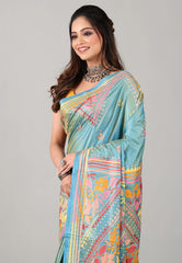Sea Blue Kantha Silk Saree with Blouse Piece - Adi Akshoy & Co.