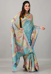 Sea Blue Kantha Silk Saree with Blouse Piece - Adi Akshoy & Co.