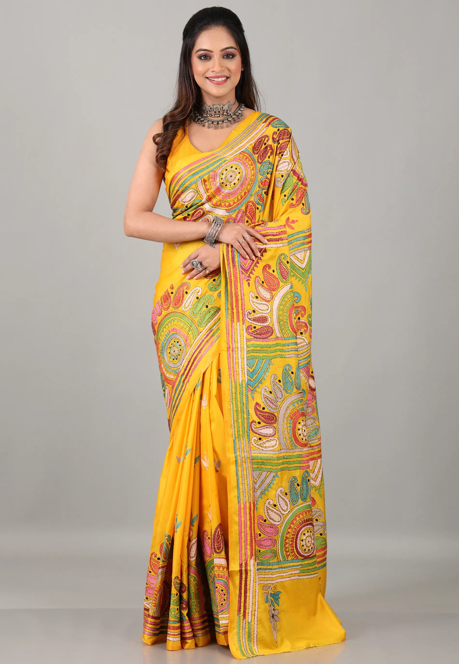 Yellow Kantha Silk Saree with Blouse Piece - Adi Akshoy & Co.
